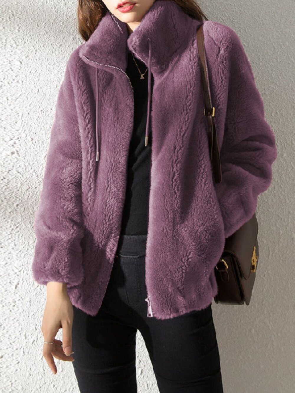 Women's Elegant Coral Fleece Zip-Up Cardigan Sweater